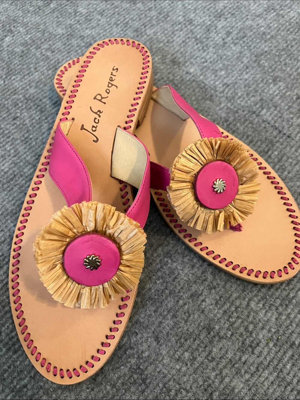 Jack Rogers Hot Pink Raffia Flower Slide Sandals